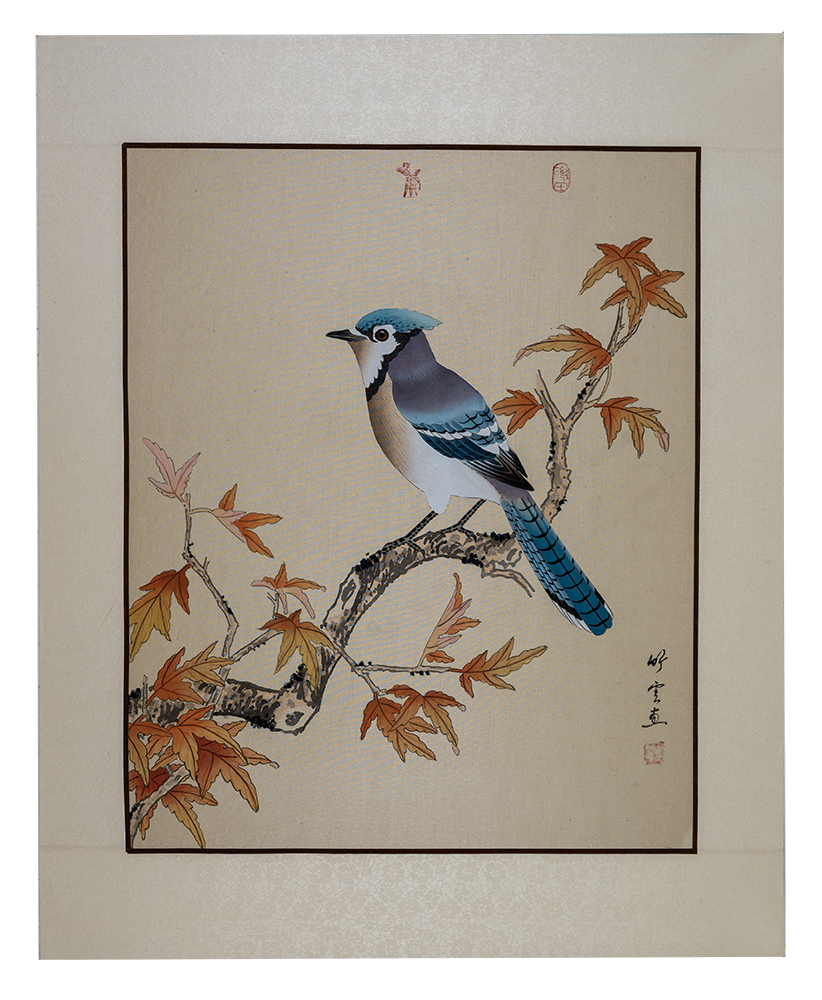 Asian watercolor painting on silk paper, Bird, 16×20