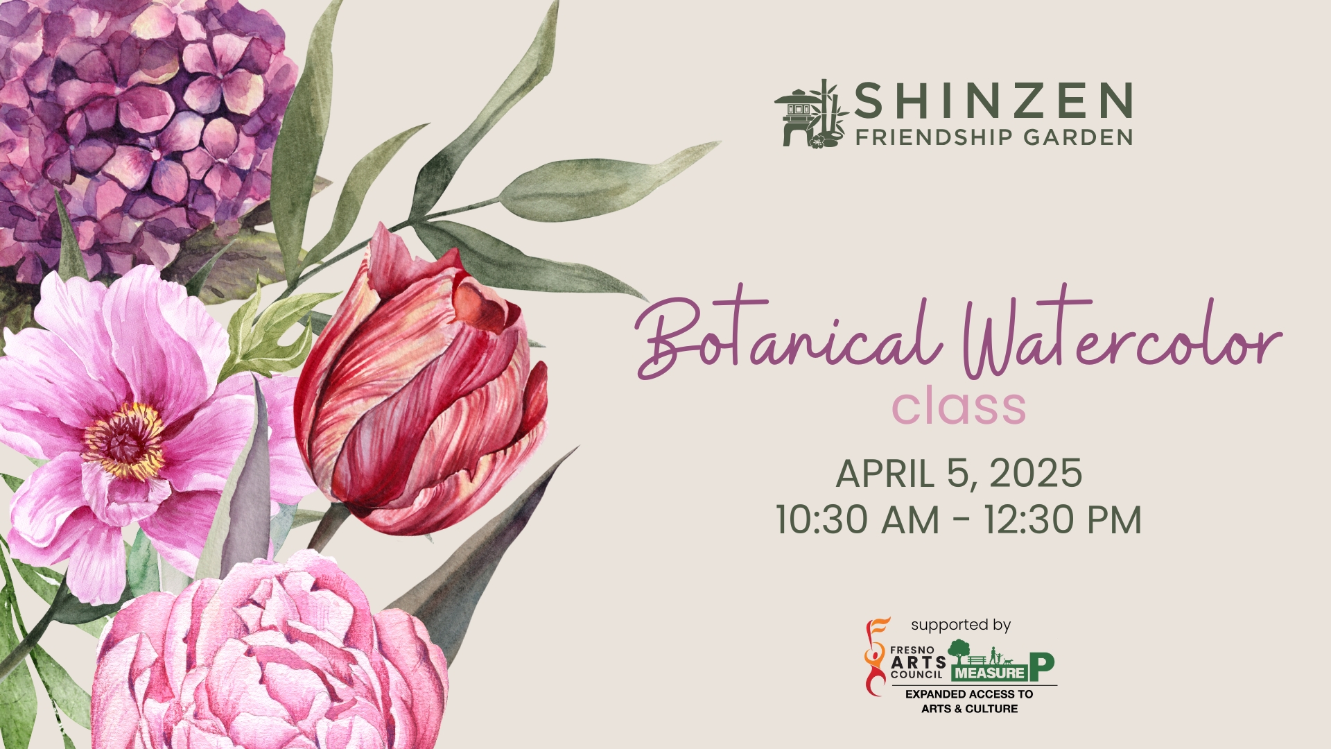 botanical watercolor class at shinzen garden on april 5