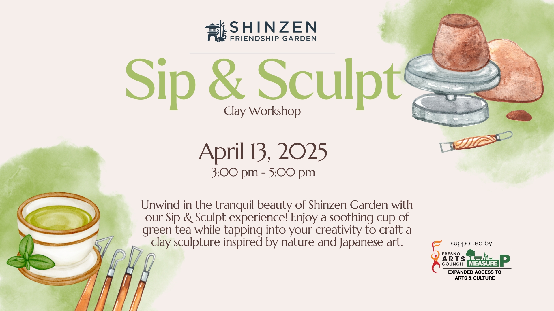 sip and sculpt workshop at shinzen garden on april 13